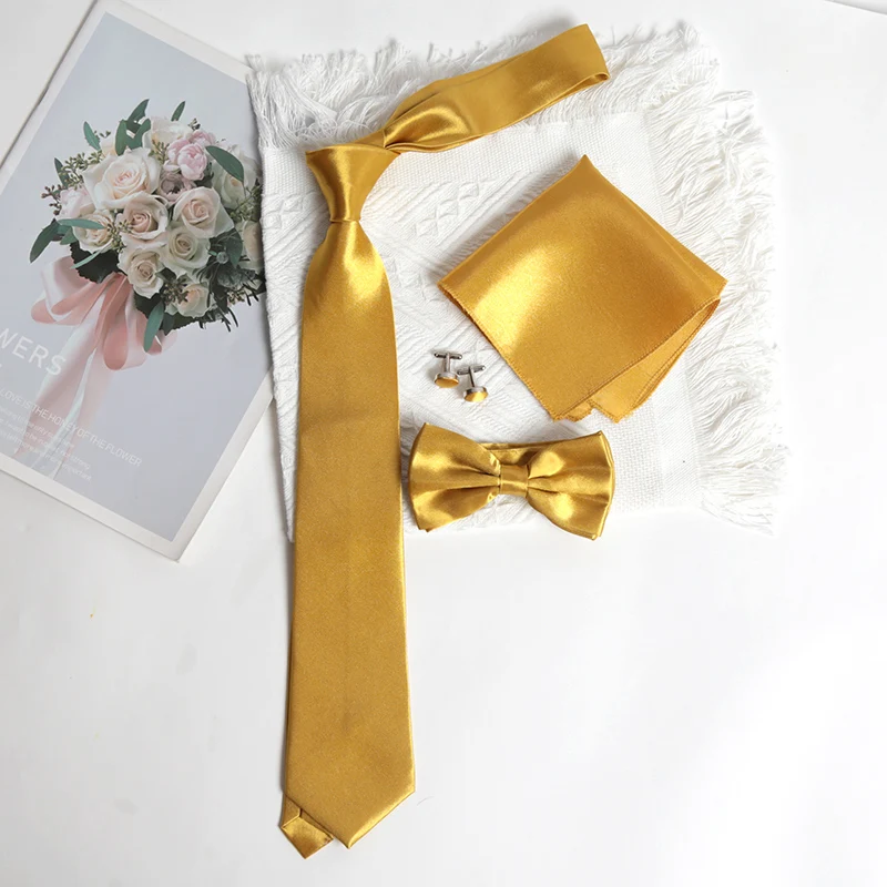New Mens Ties Classic Solid Gold Color Bow Ties Paisley NeckTie Pocket Square Cufflinks Set Men's Wedding Accessories Party Tie