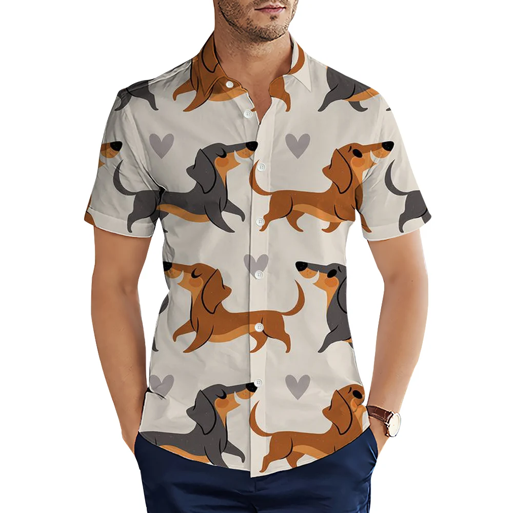 

HX Animals Men's Shirts Funny Cute Dachshund Heart 3D Printed Casual Shirts Summer Short Sleeve Tops Man Clothing Camisas