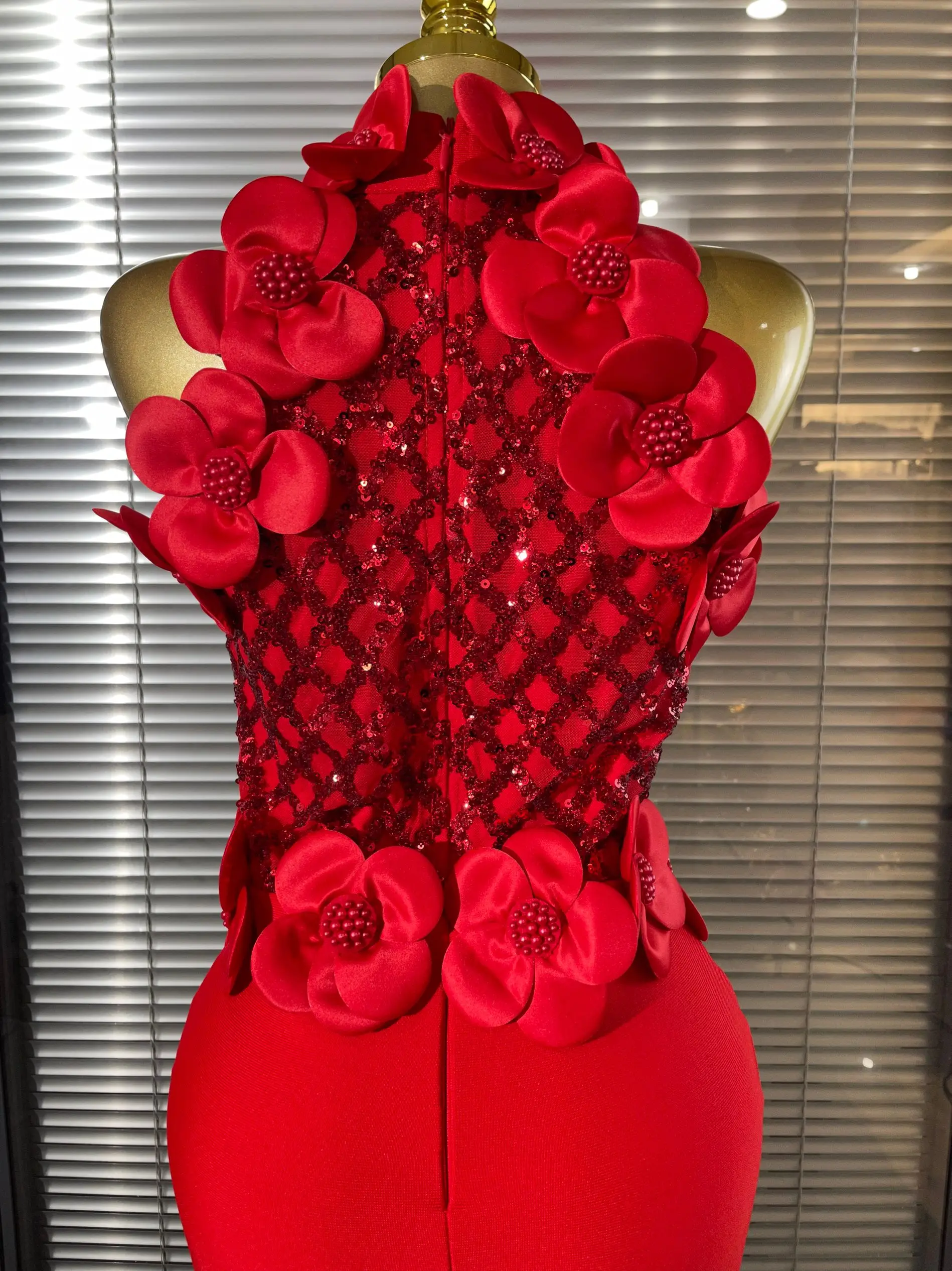 Black Red Women Shining Sequins Florals Sexy O-Neck Bodycon Bandage Long Dress Evening Party Christmas Birthday Outfit