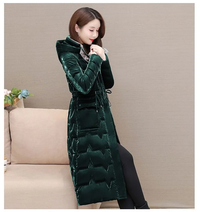 Thick Female Windproof Long Mother's Down Cotton Coat Women 2025New Winter Fashion Warm Slim Waist Wrapped Parkas Hooded Lace-Up