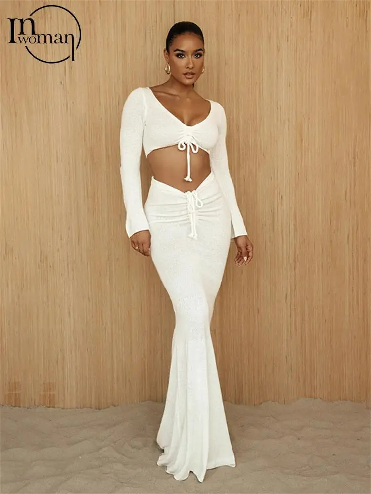 

Inwoman White Strapless Long Sleeve 2 Two Piece Skirts Set Party Evening For Women 2023 Autumn Bandage Crop Top Long Skirt Set