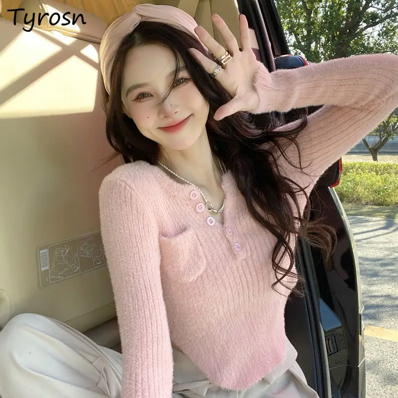 

Women's Sweater Pullovers Autumn Winter Pure Color Simple Lovely Korean Fashion Cropped Knitted Tops Pockets Sweet Chic Designer