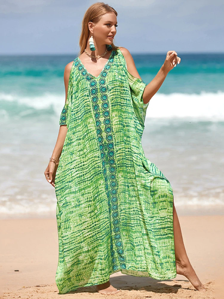 

Green Bohemian Beach Dresses Cold Shoulder Cover Ups for Swimwear Fashion Kaftans for Women Maxi Robe Holiday Bathing Suits