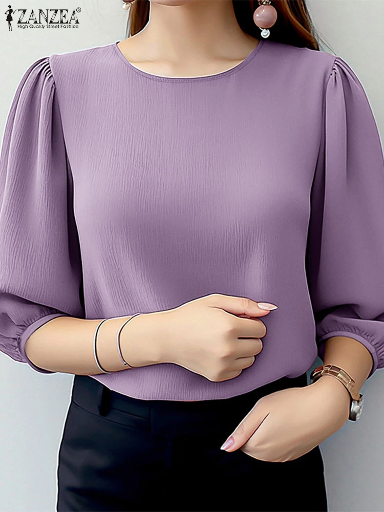 ZANZEA Elegant Women Puff Sleeve Blouses 2025 Summer 3/4 Sleeve O Neck Crinkled Texture Blusas Fashion Solid Color Tunic Tops Best Sellers In Women's Clothing