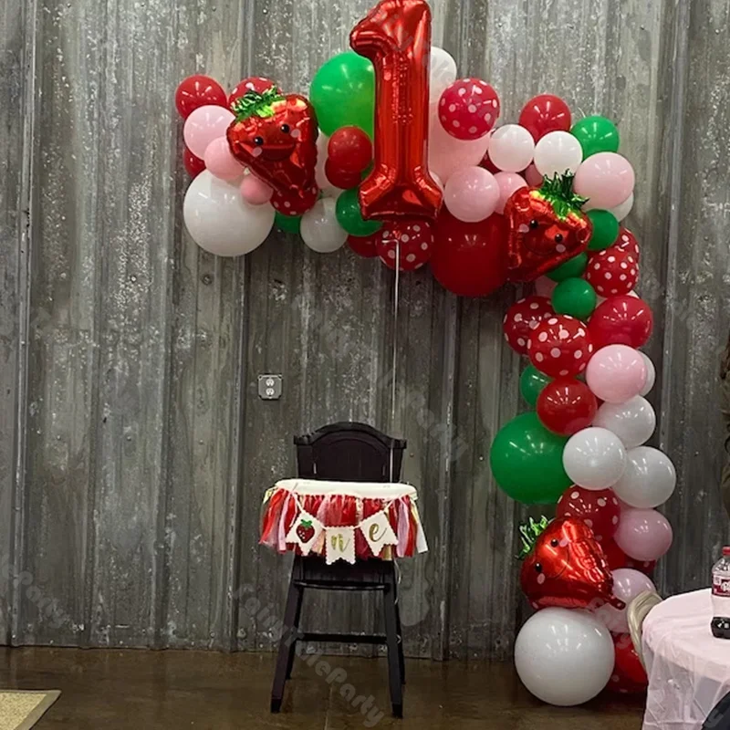 

94 шт., гирлянда с улыбающимся клубничным воздушным шаром, ранний пастельный красный зеленый розовый шар, украшение на день рождения