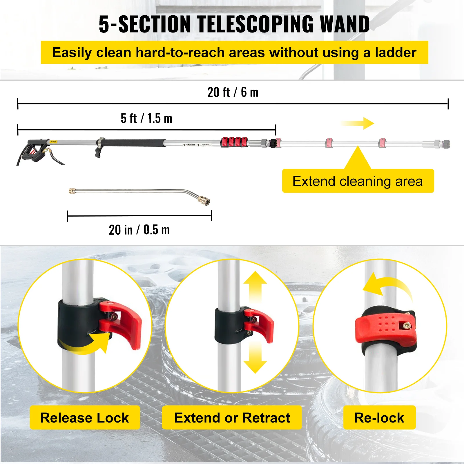 Telescoping Pressure Washer Wand 20FT 5-Section Length Adjustable Pressure Washer Fit 3/8"&1/4" Connection Roof/Gutter Gutter Cleaning Tool