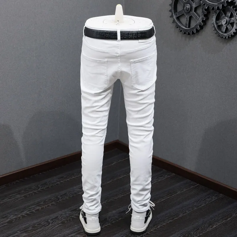 Street Fashion Men Jeans White Color Elastic Slim Fit Spliced Biker Jeans Men Punk Trousers Zipper Designer Hip Hop Pants Hombre