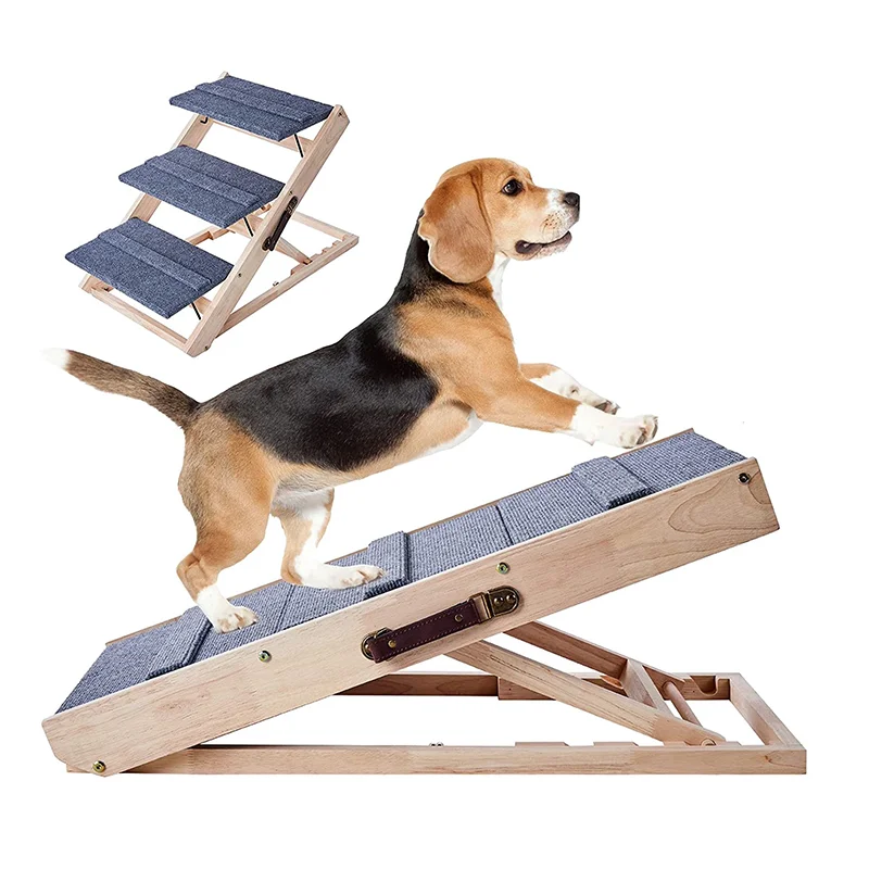 

High Quality Dog Ramp Cat Stairs 2-in-1 Wooden Height Adjustable Pet Ramps Folding Portable Pine Wood Truck Couch