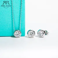 AnuJewel D Color Moissanite Bezel Stud Earrings 18K Gold Plated Pendant Necklace 925 Sterling Silver Jewelry Set Customs Jewelry 1