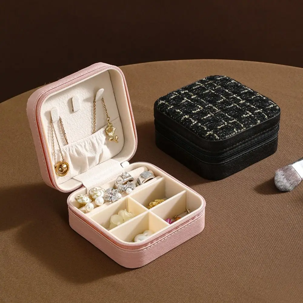 

PU Elegant Jewelry Box Cute Portable Solid Color Necklace Ring Case Plaid Cloth Jewelry Display Earring Organizer Girls