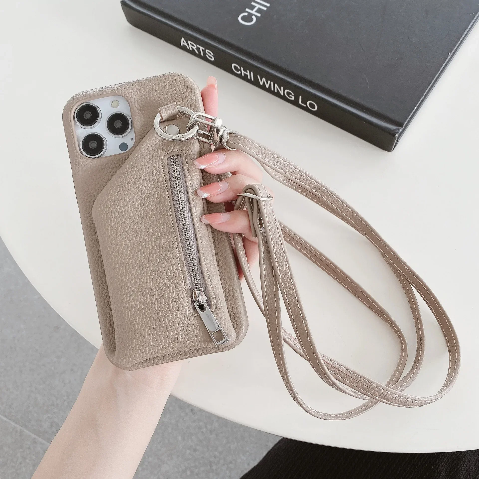 Zipper Wallet Crossbody Lanyard Phone Case with Card Pocket and Coin Purse in Leather