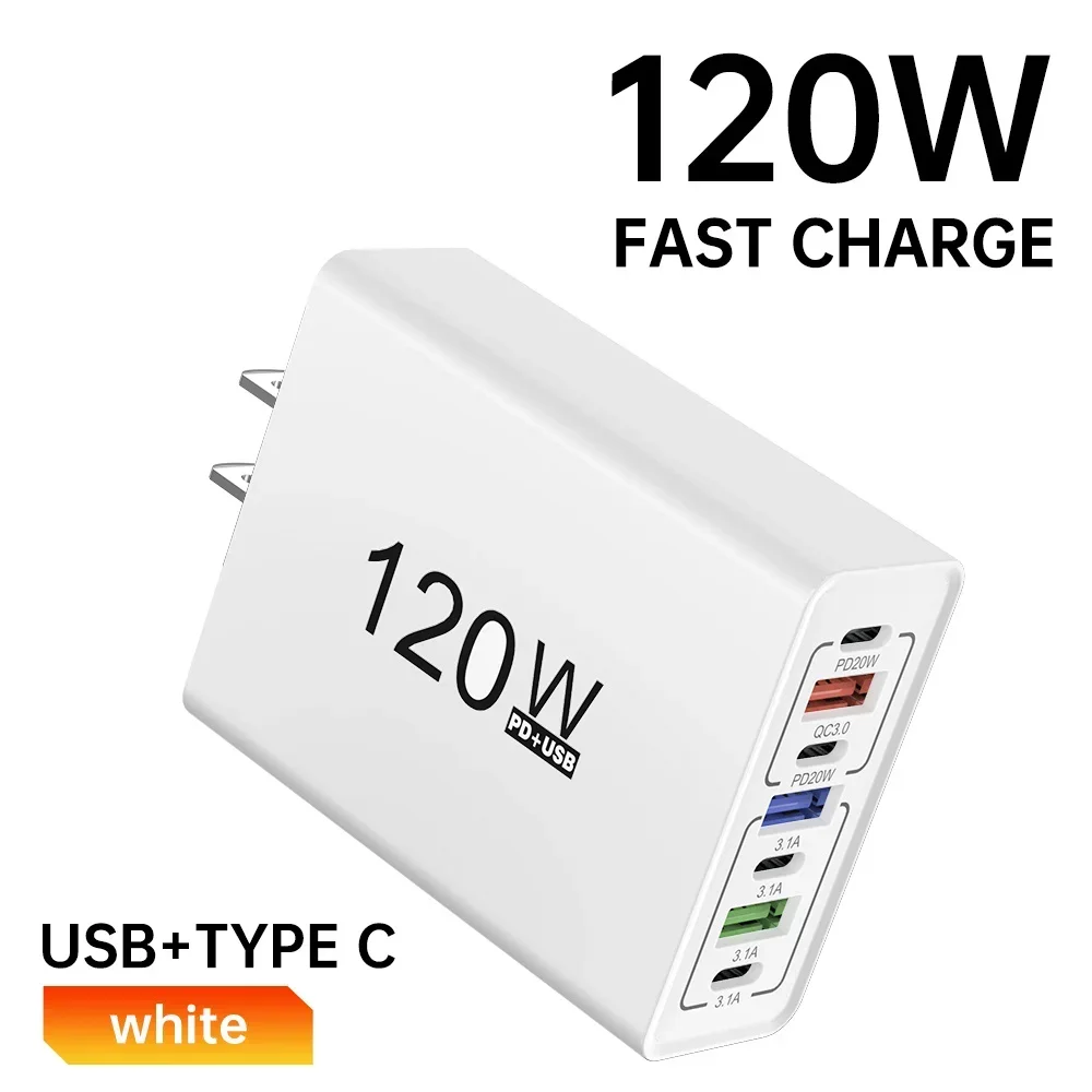 USB C Phone Charger 120W Multi Ports Fast Charging Type C Wall Charger Adapter For iPhone 15 16 Samsung Xiaomi Huawei EU/US Plug