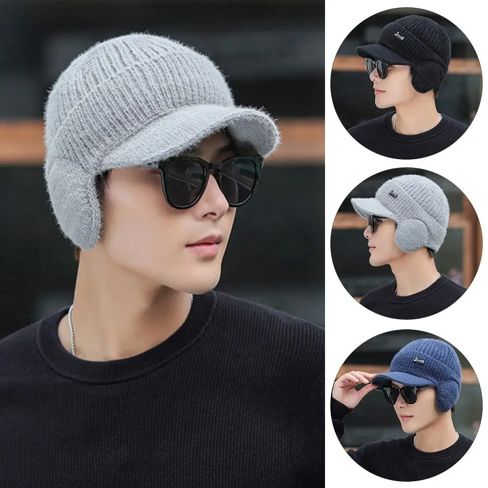 

Plush Lined Beanies Hats Fashion With Earflap Cold-proof Ear Protection Hats Knitted Cap Winter Warm