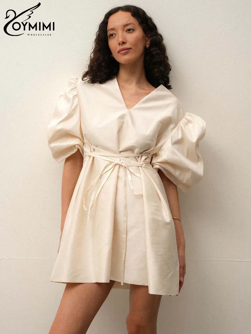 Oymimi Elegant Apricot V-Neck Womens Dresses Fashion Puff Sleeve Lace-Up Dresses Autumn Casual Loose Mini Dress Female Clothing