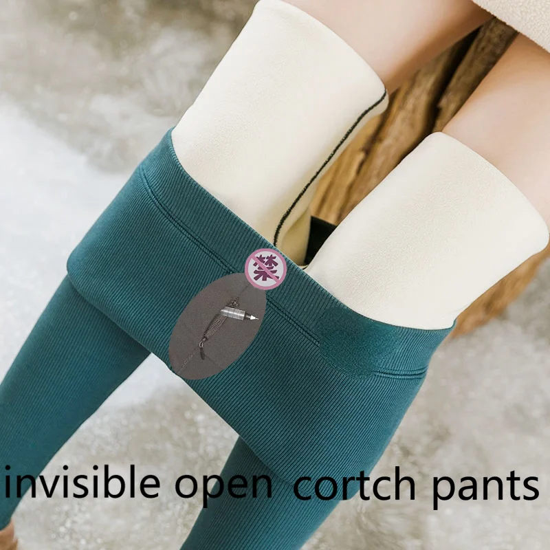 open-seat-pants-winter-thread-cashmere-leggings-women's-fleece-lined-double-headed-invisible-zipper-date-field-combat-crotch