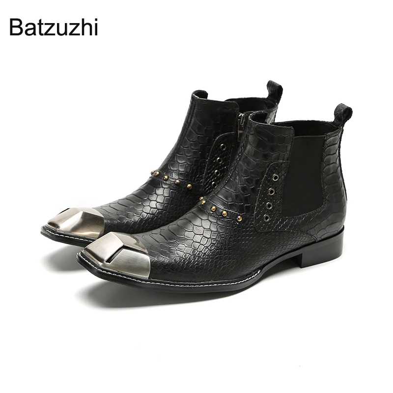 

Ботильоны Batzuzhi мужские из натуральной кожи, ковбойские модные ботинки в западном стиле, с железным носком, на молнии, 38-46, черные