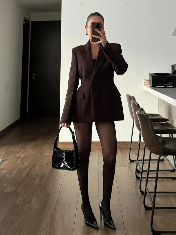 Woman Elegant Solid Cinch Waist Fitted Blazer Chic Lapel V Neck Long Sleeved Buttons Jackets Fashion Female High Streetwear 2025 2