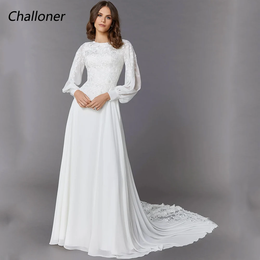

Challoner Elegant Wedding Dress O-Neck Long Puff Sleeves Lace Appliques Floor Length Chiffon Bridal Gown Button Vestido De Novia