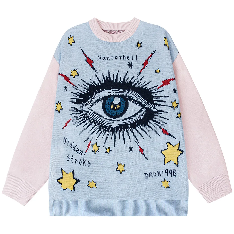 Eyes Graphic Sweater Streetwear Harajuku Hip Hop Oversized Knit Sweater Beige Jumper Men Y2K Pullover Knitted Sweaters 3