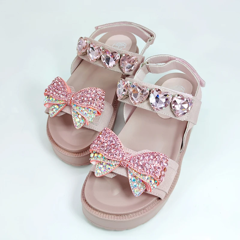 

Cute Pink Leather Women Casual Platform Wedge Sandals 2022 Open Toe Casual Summer Shoes Sparkle Rhinestones Bow Lady Gladiators