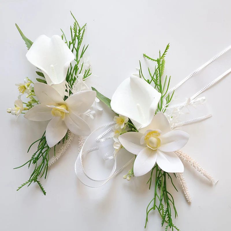 25021 Weißes Bohemian-Rosenblumen-Corsage- und Armband-Set – perfekt für Bräute, Trauzeugen und Hochzeitsdekorationen – Detail 4