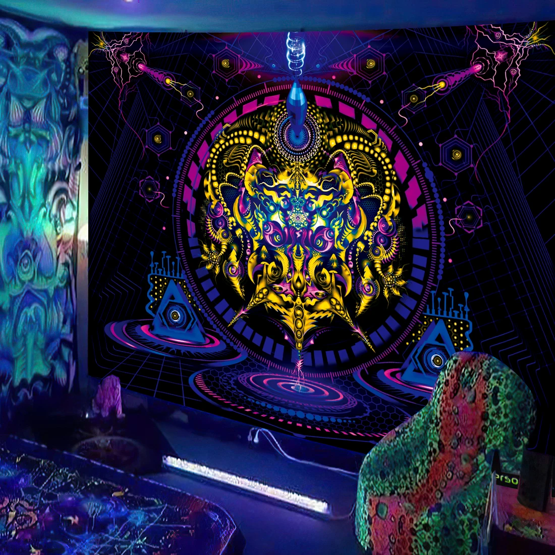 Black Light Tapestry UV Reactive Psychedelic Mushroom Fractal Art Wall Hanging Bedroom Dorm Separate Room Decoration