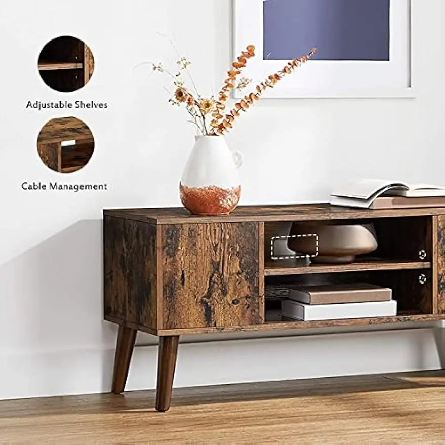 Retro TV Stand, Mid-Century Modern, Console Table, Entertainment Center, Storage Shelf & Cabinet, Living Room, Rustic Brown