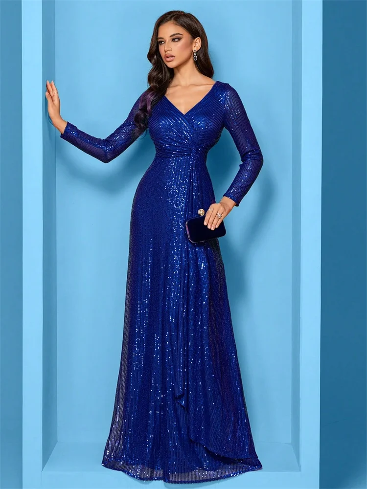 Luxury Blue Evening Dresses Women Elegant 2025 Long Sleeve Mermaid Formal Sequins Prom Wedding Party Cocktail Graduation Gowns 3