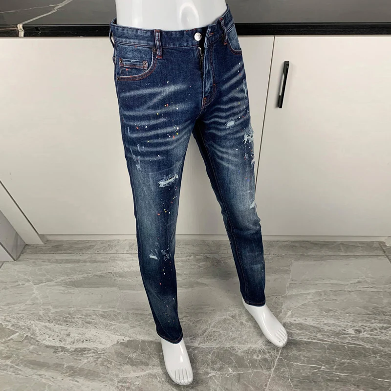 High Street Fashion Men Jeans Retro Blue Stretch Elastic Slim Fit Ripped Jeans Men Painted Designer Hip Hop Brand Pants Hombre