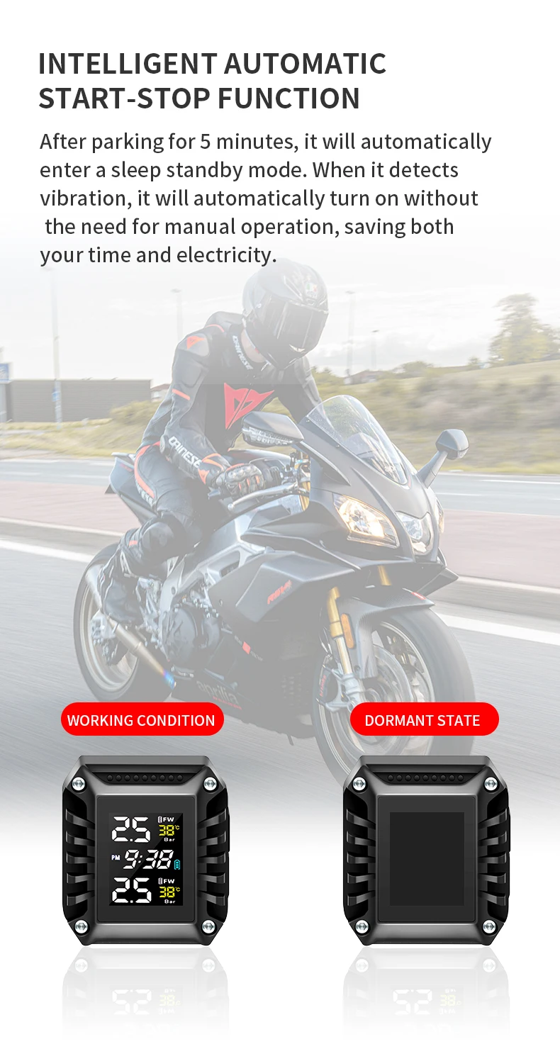 Wireless Motorcycle TPMS With 2 External Sensors Motorbike Tire Pressure Monitor