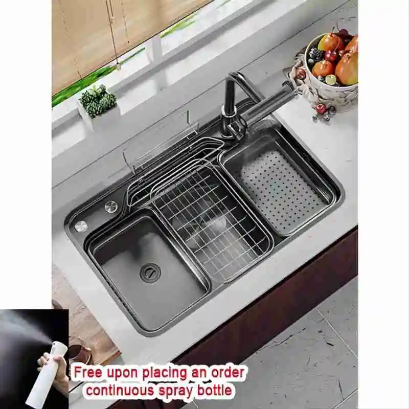 Black Nano 304 StainlessSteel Kitchen Flying Waterfall Digital Display Large Single Dish Basin Sink Honeycomb Silver Water