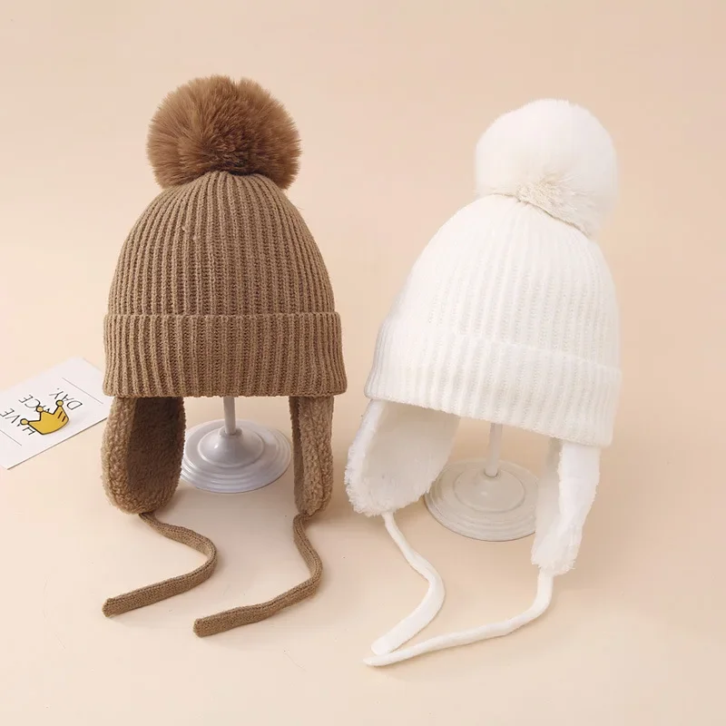 

Winter Baby knitted Hats Big Pompom Beanie Hat with Earflaps Wool Plush Cap for Children Bonnet Thicken Warm Kids Accessories