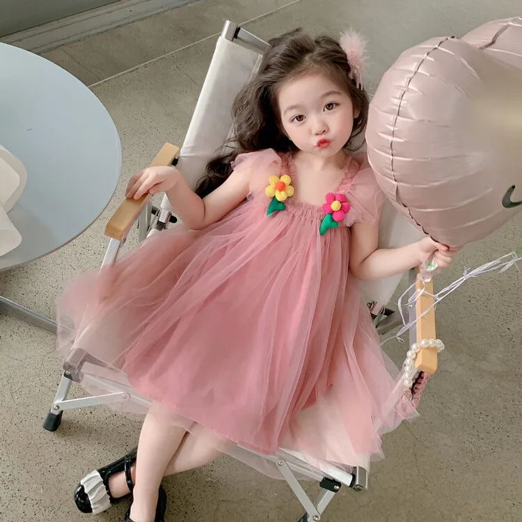 

Girls Princess Dress Square Collar Solid Knee High Voile Summer Children 2023 New Cute Comfort Flying Sleeve
