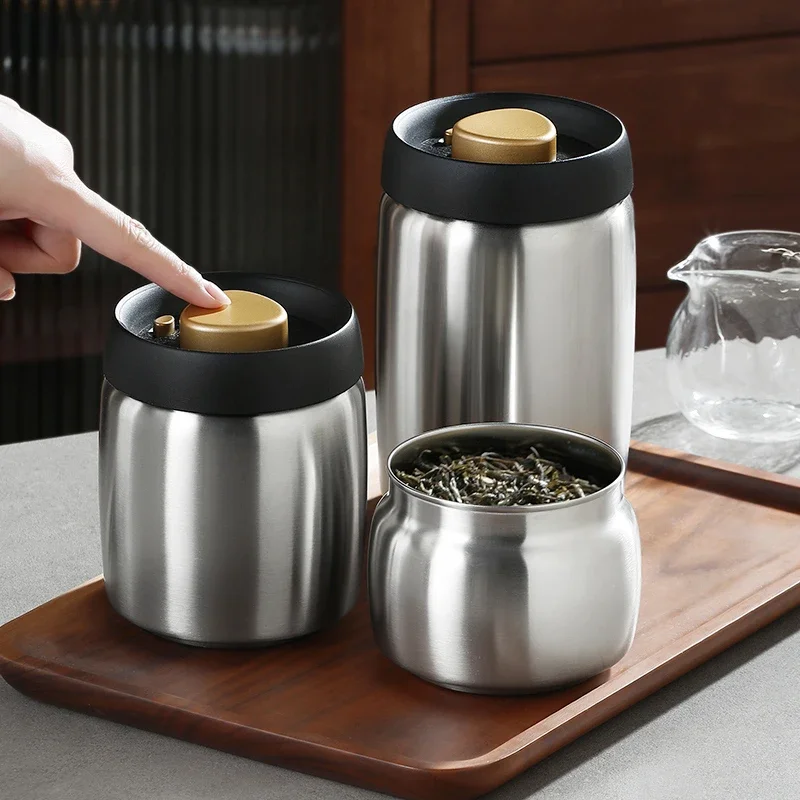 Storage Jar Stainless steel tea sealed jar Moisture-proof household tea storage jar press vacuum high-grade coffee bean sealed