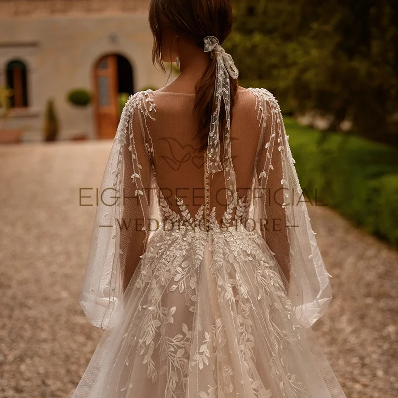 Wedding Dresses Eightree Wedding Dresses A-Line V Neck Appliques Puff Sleeve Beach Bridal Prom Dress