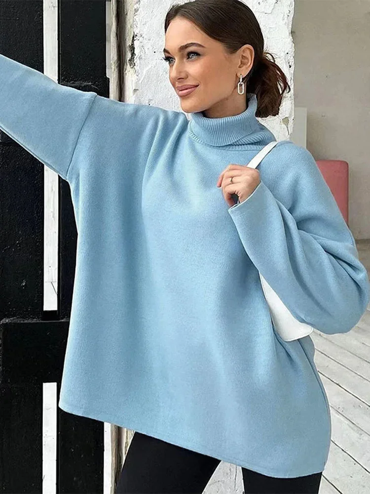

Loose High Neck Knitwears Sweater Women Solid Color Long Sleeved Pullover 2023 Autumn Winter Chic Female Casual Turtleneck