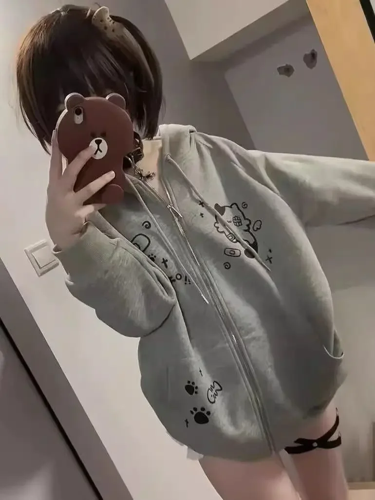 Spring Autumn Jackets Sweatshirt Cute Cats Print Zip Up Hoodie Women Streetwear Y2k Tops Cartoon Japanese Coat Grunge Black Gray