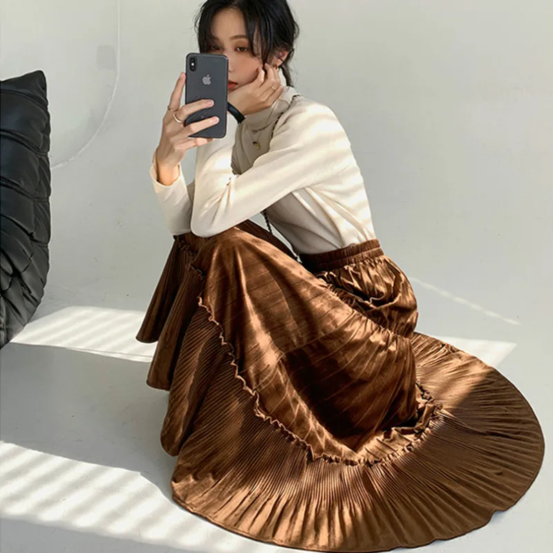 Woman Casual Skirt Isinbobo High Waist Pleat Skirt Women Kpop Short Dress Golden Velvet Y2k Skinny A-line Petticoat Short Dress