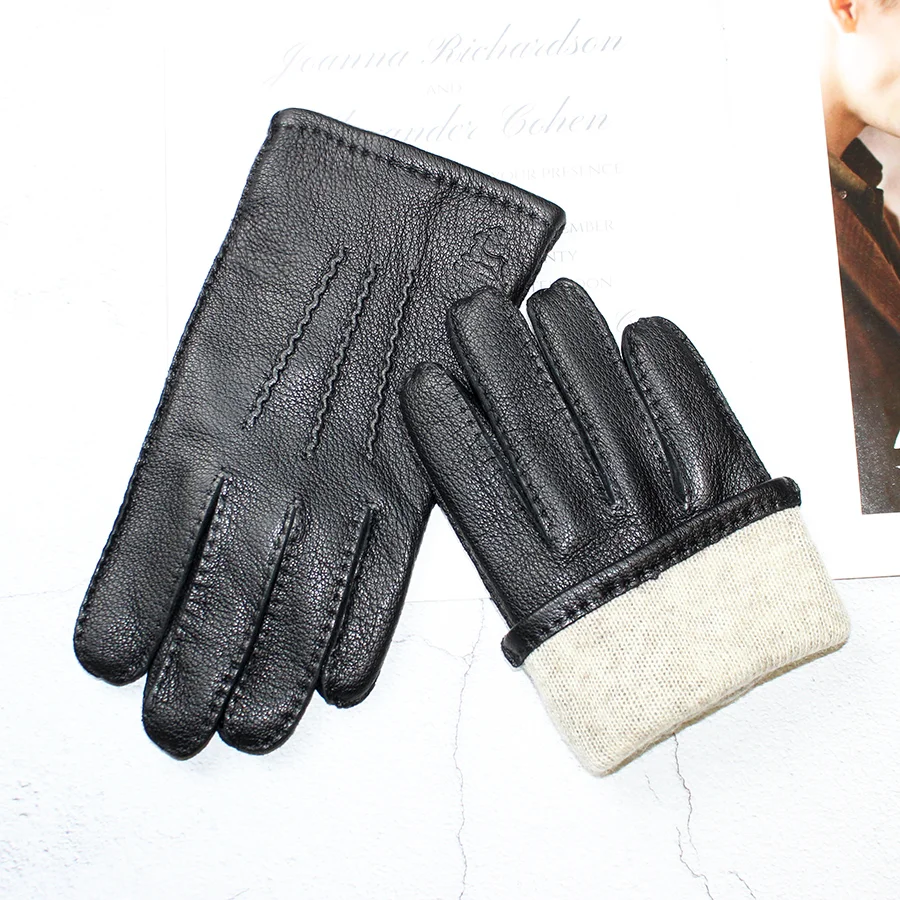 Deer Skin Gloves Men's Touch Screen Dark Brown Genuine Leather Retro Style Autumn and Winter Warm Motorcycle Riding Gloves
