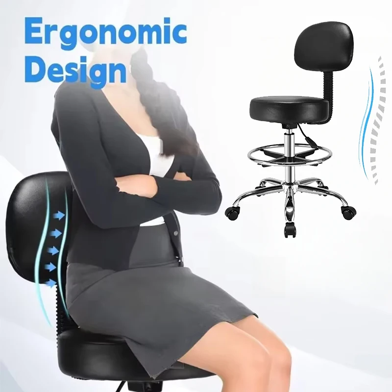 Ergonomic Rolling Stool with Backrest PU Leather Strap Adjustable Pedal Rotating Round Work Chair Office Bar Stool Lounge Chair