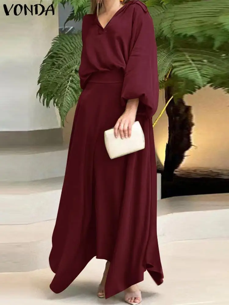 

VONDA Vintage Autumn Dress Sets Women Long Sleeve 2pcs 2023 Fashion Casual Solid Color Loose V-Neck Tops + Skirts Elegant Sets
