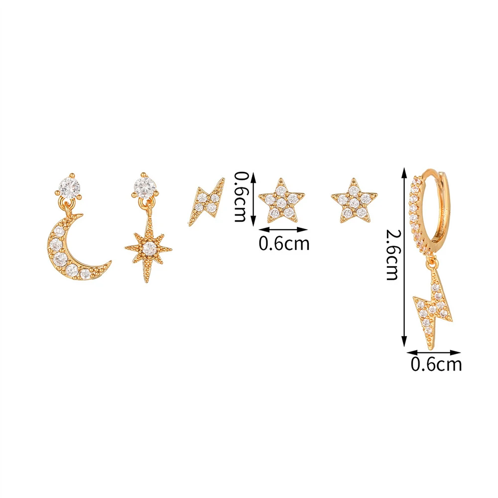Stainless Steel Cubic Zirconia Chain Stud Earrings Women Star Moon Cartilage Earring Piercing Jewelry
