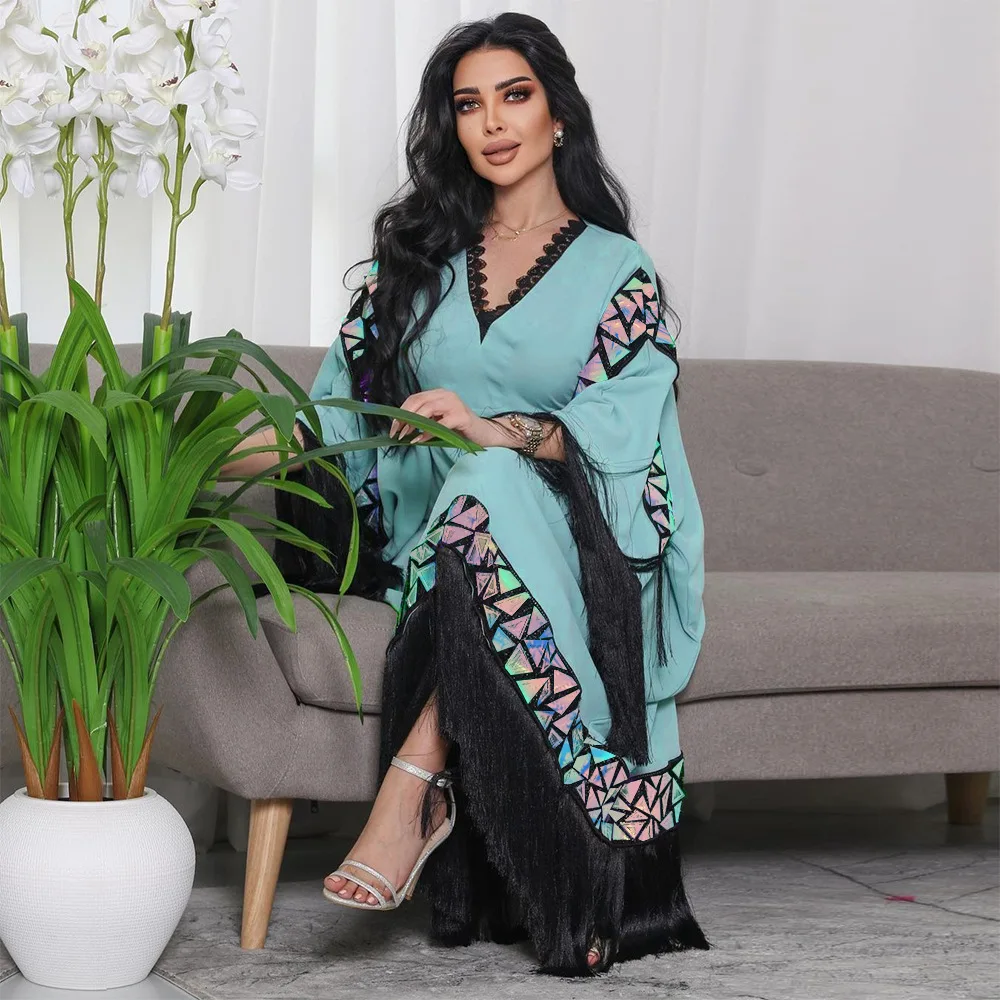 Dubai Abaya Kaftan Tassel Sequins Contrast Color Patchwork Flare Sleeve V-Neck Maxi Clothing Loose Arab Long Dresses
