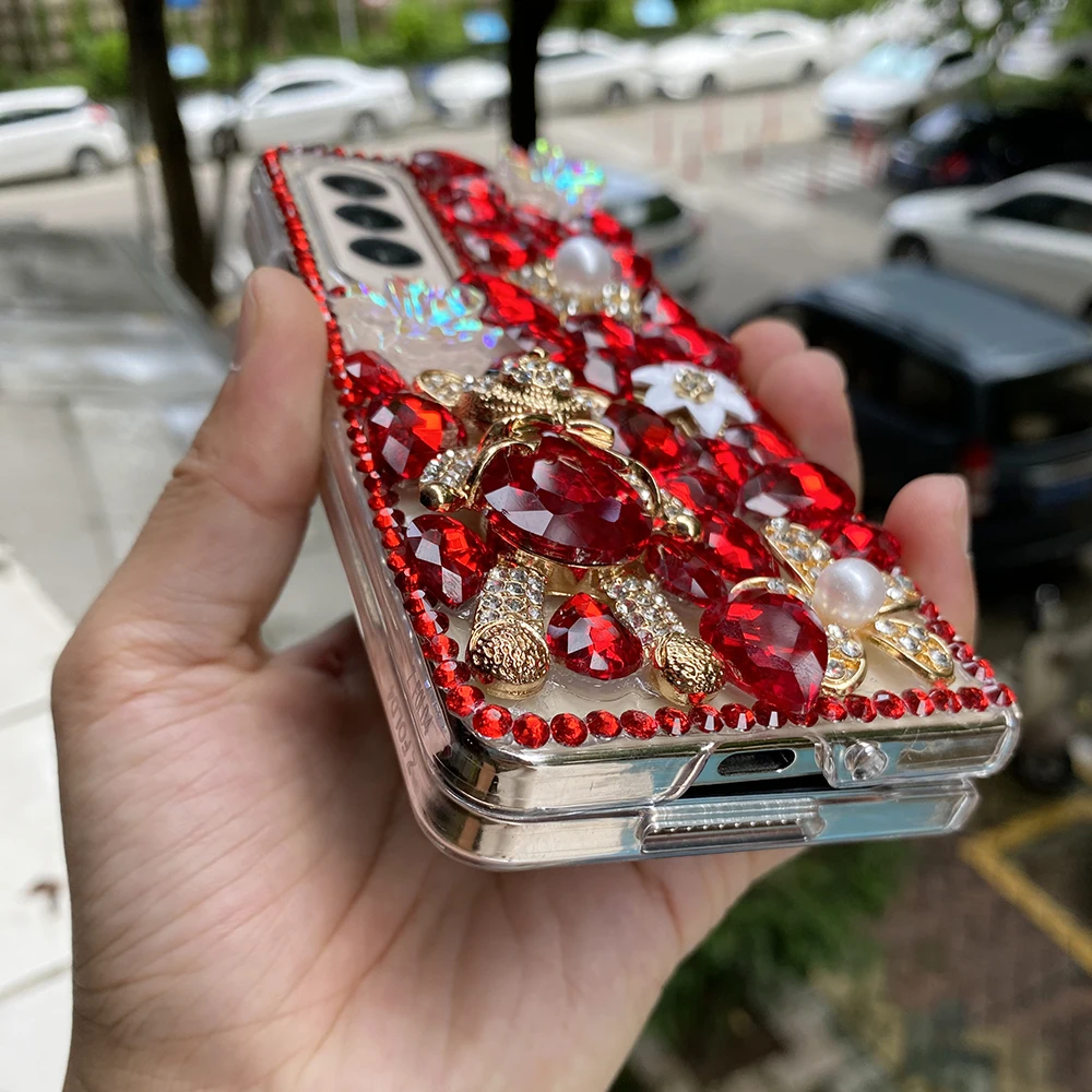 Bling Rhinestone Cute 3D Bear Hard PC Phone Cover for Samsung Galaxy Z Fold 6 5 4 3 Case_voghion.com
