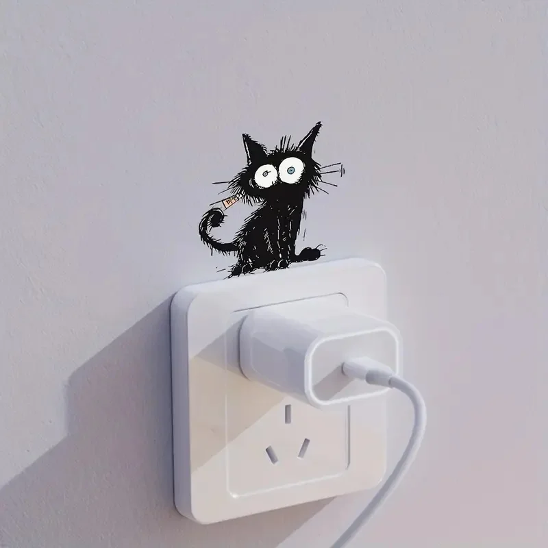 Contemporary Style Black Cat Wall Sticker, Animal Print Self-Adhesive Switch Decal for Living Room Bedroom