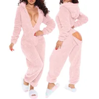 2025 New Sexy Onesies for Women Plush Hooded Bum Open Ass Flap Jumpsuit Thicken Pajamas Solid Long-Sleeve Zipper Sleepwear 2