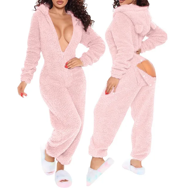2025 New Sexy Onesies for Women Plush Hooded Bum Open Ass Flap Jumpsuit Thicken Pajamas Solid Long-Sleeve Zipper Sleepwear 2