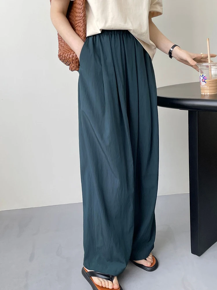 [LANMREM] Minimalism Elastic High Wiast Wide Leg Pants For Women Solid Vintage Trousers Female Loose 2024 Summer New 26D8672