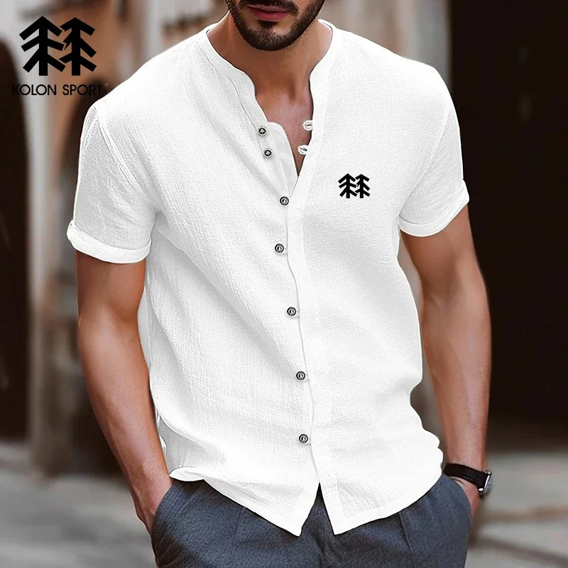 

Рубашка KOLONSPORT мужская с вышивкой, блуза из 100% хлопка и льна с короткими рукавами, Повседневная Свободная облегающая деловая, весна-лето