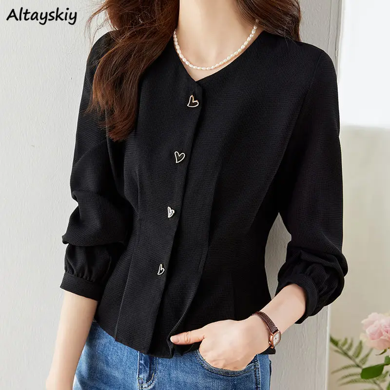 

Черные женские рубашки с V-образным вырезом, с оборками, на пуговицах, простой облегающий дизайн, во французском стиле, элегантные женские весенние Стильные Модные прочные рубашки для отдыха